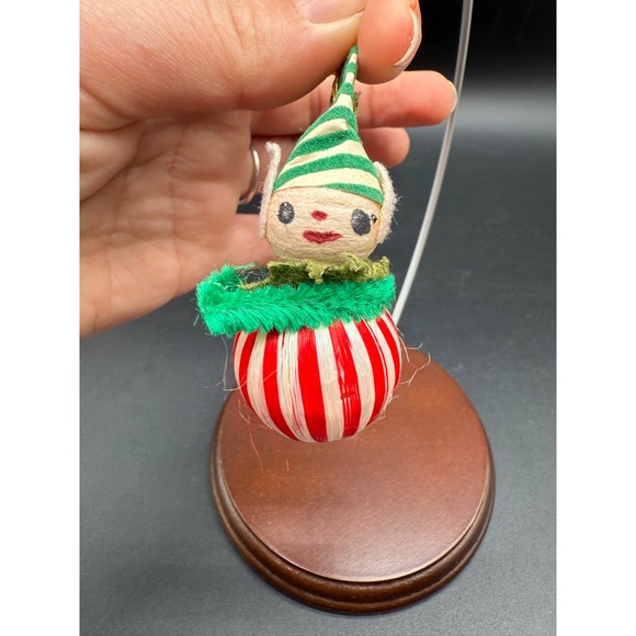 Vintage Pixie Elf Ornament Japan Spun Cotton Red White Satin Ball Striped MCM - Picture 1 of 7